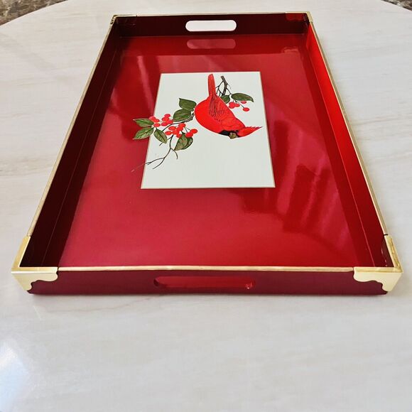 Vintage Otagiri Lacquerware Red Cardinal Berries Christmas Tray  w/Handles Japan - Picture 5 of 11